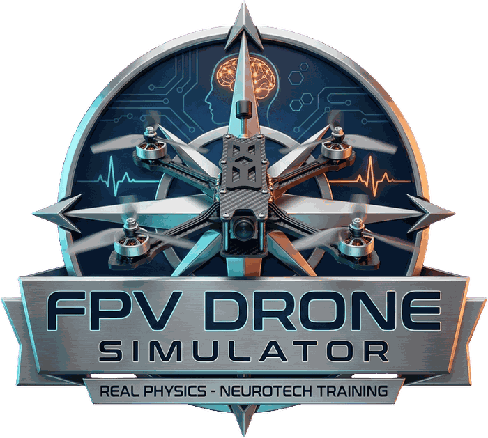 Значок игры FPV Drone Simulator: гоночный дрон на розе ветров, надпись «real physics, neurotech training»