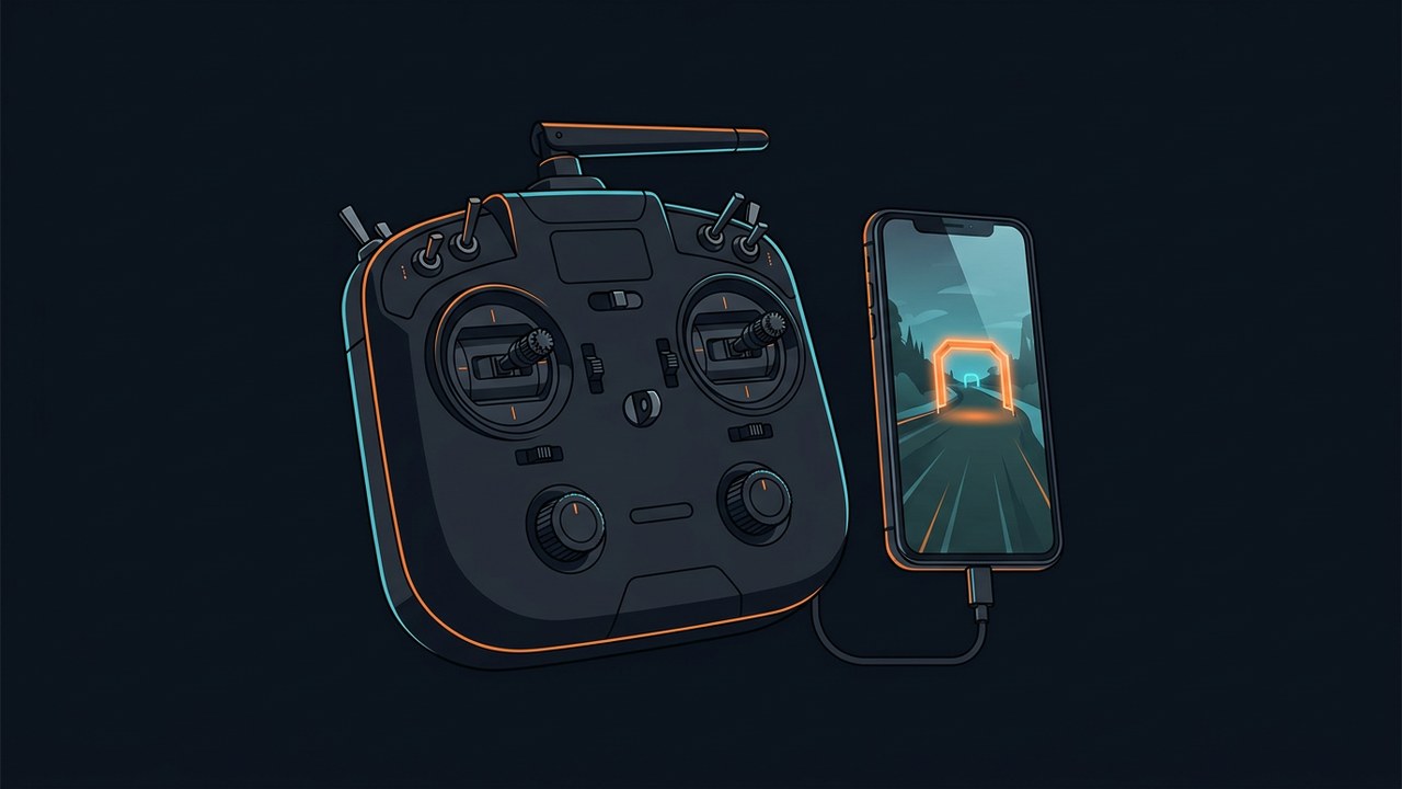 Иллюстрация: FPV-пульт с двумя ручками соединён кабелем USB-C со смартфоном, на экране которого вид от первого лица и светящиеся ворота